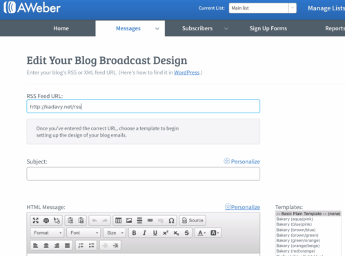 edit your blog broadcast design with RSS Feed URL field filled out