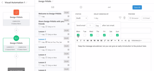 ConvertKit's automation builder selecting which days to send emails
