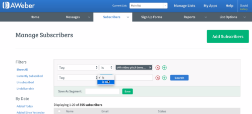 Manage subscribers - searching by tags and save as segment