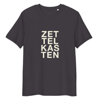 Zettelkasten t-shirt in organic cotton, with title lettering from the Digital Zettelkasten book cover